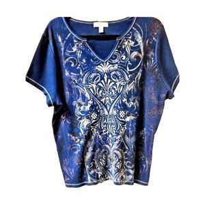 DRESS BARN Women's Plus Size  Blue Short Sleeve Swirl heart design top.